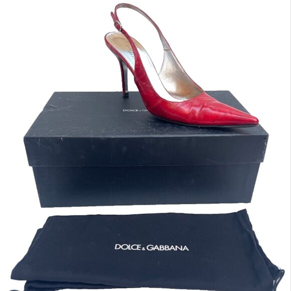 Auc Dolce & Gabbana Eel Skin Red Pointed Toe Slingback Heels IT 37,5 US 7,5 - Picture 8 of 13